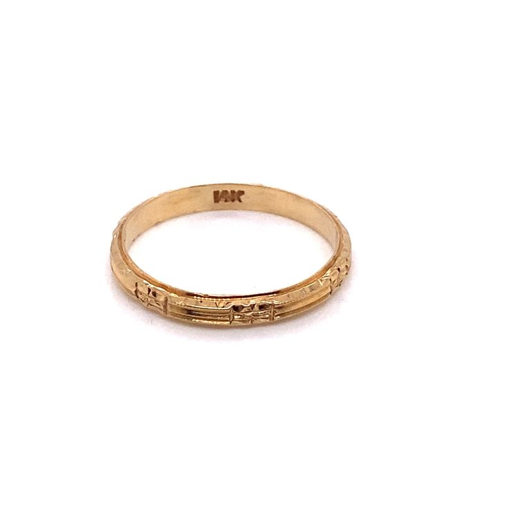 Vintage 1940's 14k yellow gold engraved orange blossom stackable wedding band. The band is 2.5mm wide and 1.1mm high off the finger. The finger size is a 5.25 and it can be adjusted upon request. The band is perfect to stack with other bands or match with your vintage engagement ring. Heirloom Yellow Gold Stackable Rings, Vintage Adjustable Engraved Ceremonial Ring, Vintage Gold Stackable Rings For Formal Occasions, Vintage 14k Gold Adjustable Stackable Rings, Heirloom 14k Gold Stackable Rings, Heirloom Style 14k Gold Stackable Rings, Vintage Etched 14k Gold Rings, Vintage 14k Gold Stackable Rings, Vintage Style Stackable Rings In Stamped 14k Gold