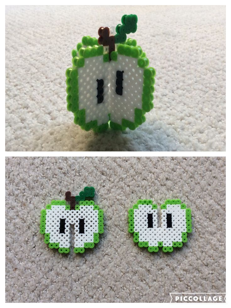 two pictures of an apple made out of perler beads, one is green and the other is white