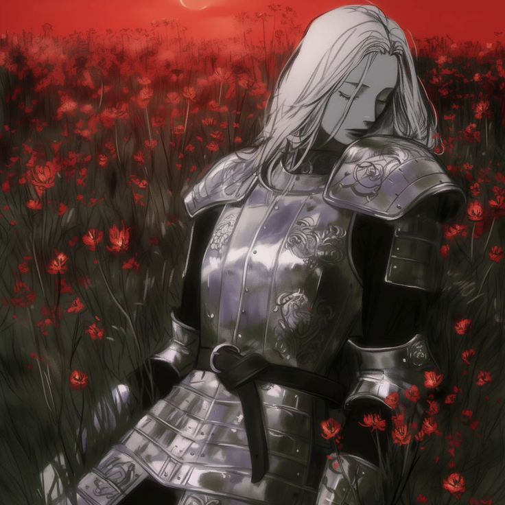 a woman dressed in armor standing in a field with red flowers on the other side