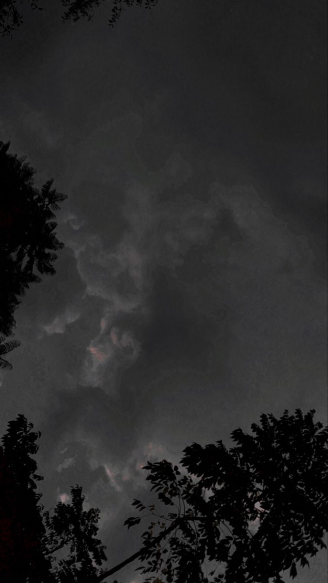 the sky is dark with clouds and trees