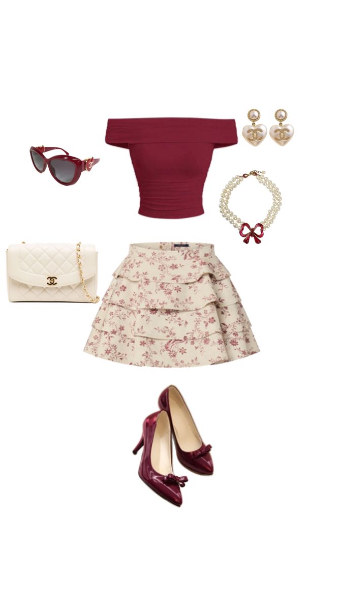 Cute,maroon,white, spring outfit,sunglasses,chanel,outfit,casual,cute,elegant,flower details Maroon Outfit, Cherry Wine, Princess Outfits, Looks Chic, Feminine Outfit, Instagram Page, Summer Fashion Outfits, Fancy Outfits, Girly Outfits