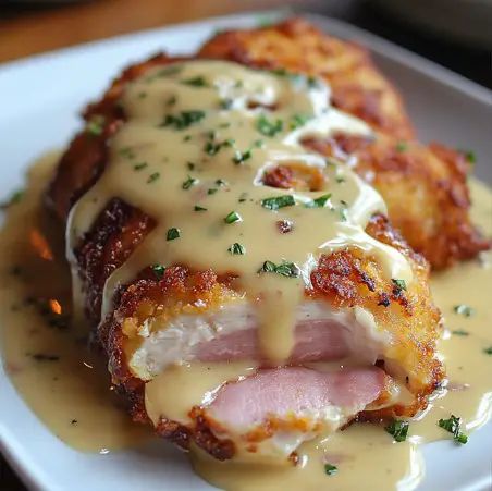 a white plate topped with meat covered in gravy and sauce on top of it