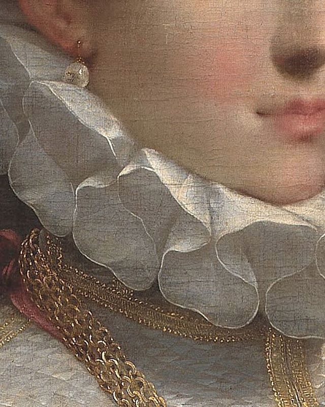 a close up of a painting of a woman wearing a white dress and gold necklace