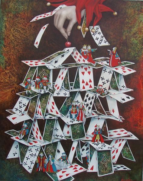 an art work with playing cards stacked on top of each other in the shape of a christmas tree