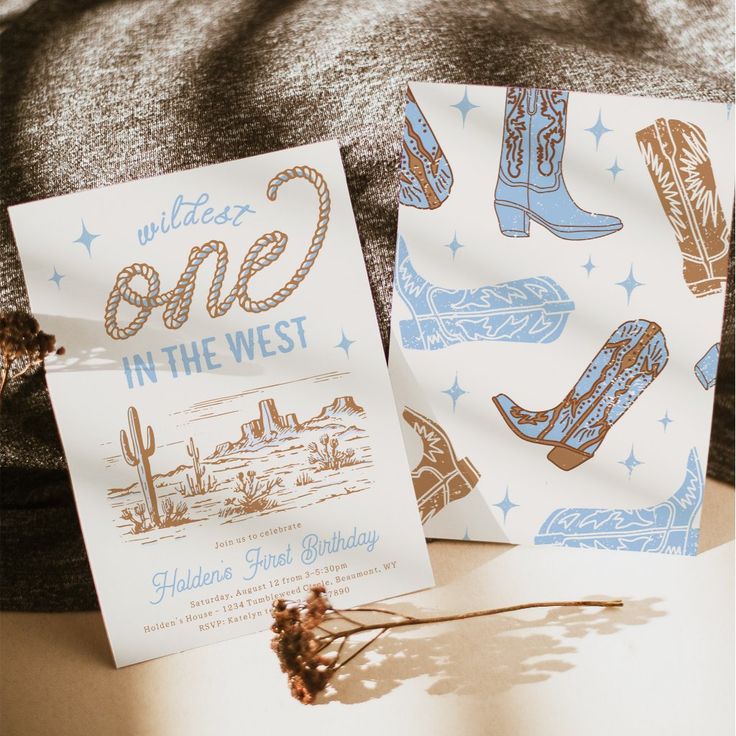 two greeting cards with cowboy boots on them