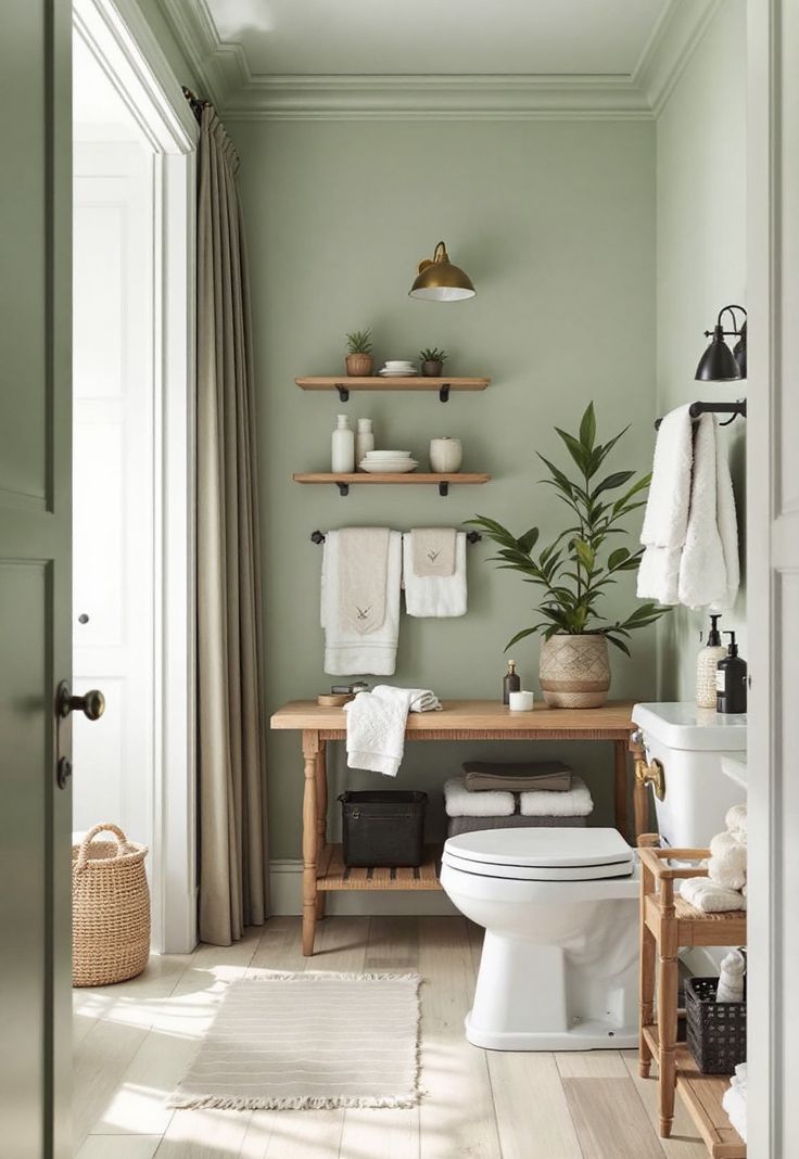 Green Bathroom Decor Natural Green Bathroom, Sage Green And Natural Wood Bathroom, Eucalyptus Green Bathroom, Bathroom Sage Green Walls, Bathroom With Sage Green Walls, Green Bamboo Bathroom, Sage Green Master Bath, Green And Beige Bathroom Ideas, Sage And Wood Bathroom