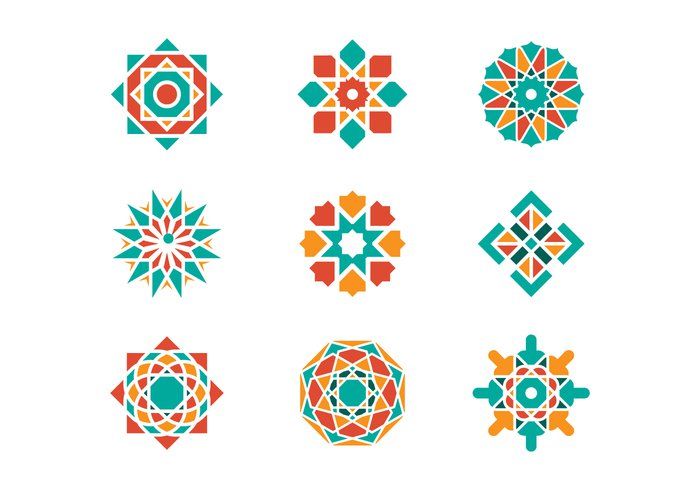 six different geometric designs on a white background