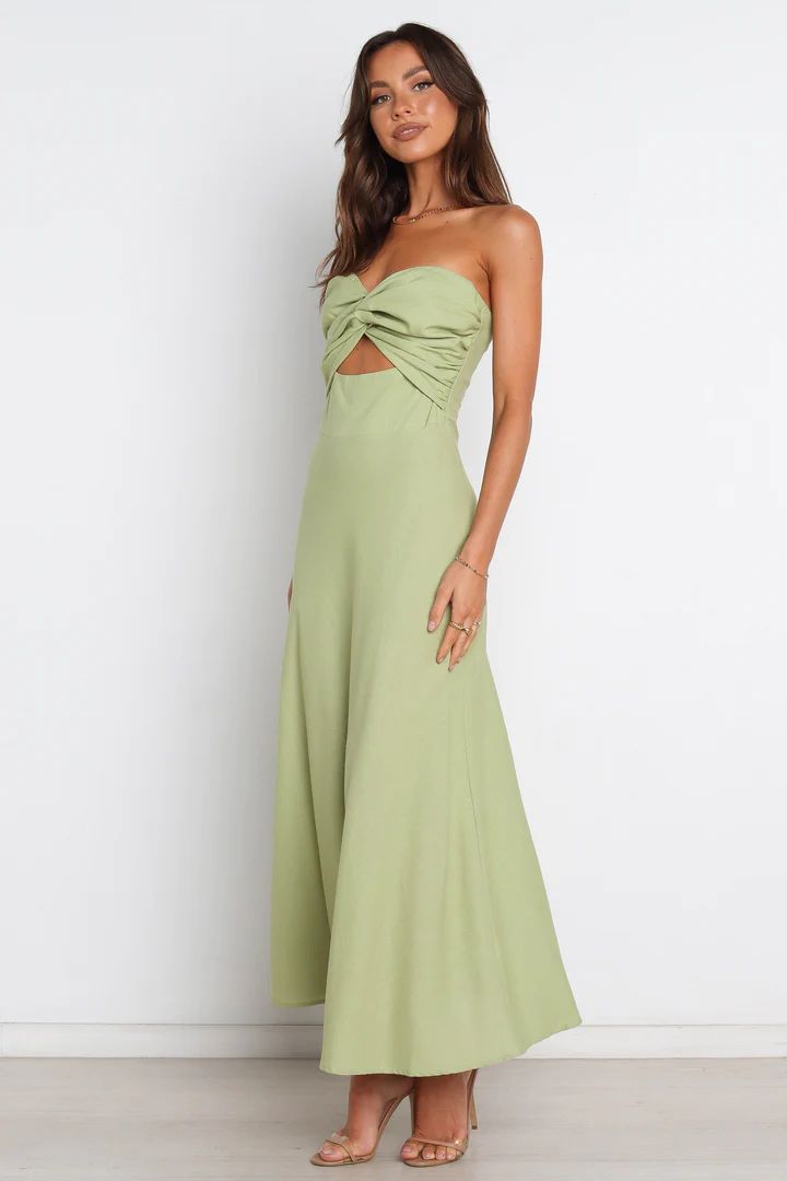 Strapless Dress With Ruched Bodice For Brunch, Date Night Bandeau Maxi Dress With Ruched Details, Elegant Bandeau Maxi Dress For Brunch, Party Dress With Sweetheart Neckline And Knotted Straps, Green Strapless Ruched Midi Dress, Ruched Bandeau Midi Dress For Date Night, Bandeau Midi Dress With Ruched Detail For Date Night, Green Strapless Midi Dress For Brunch, Strapless Green Midi Dress For Brunch