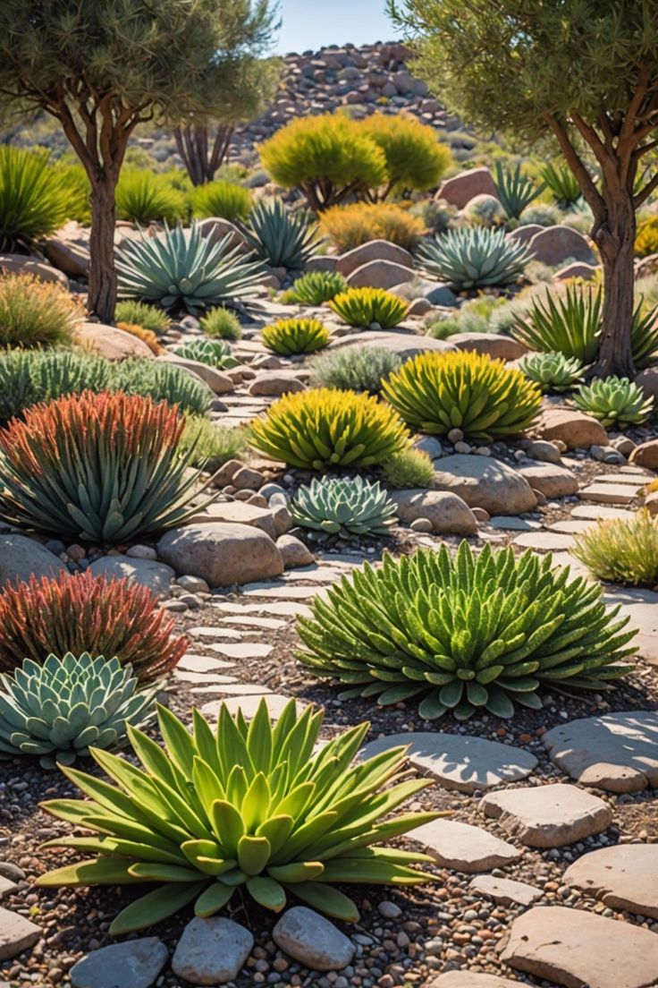 many different types of plants and rocks in a garden