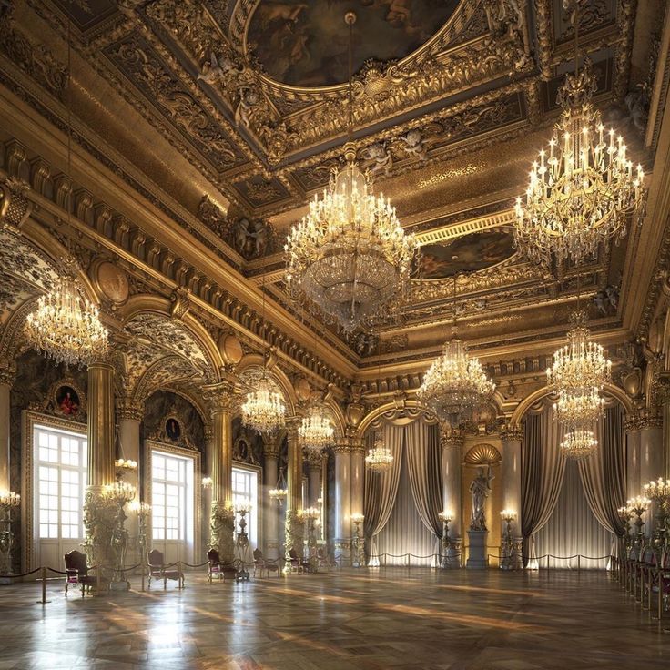 an ornate ballroom with chandeliers and large windows