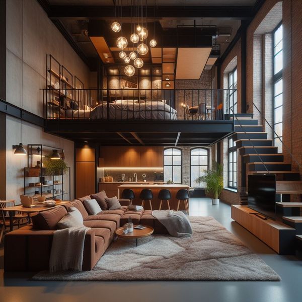 a living room filled with furniture and lots of windows next to a stair case that leads up to the second floor