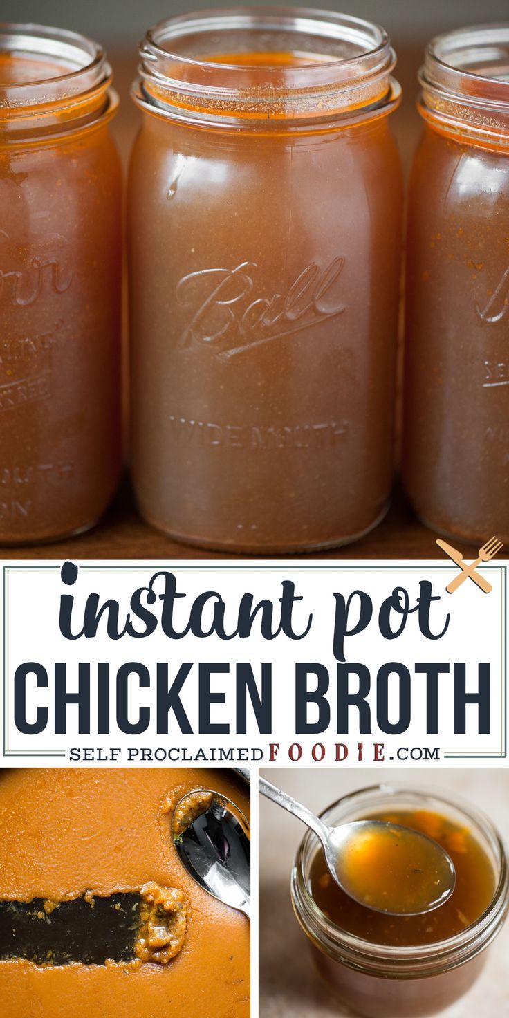 instant pot chicken broth recipe in mason jars with spoons and text overlay