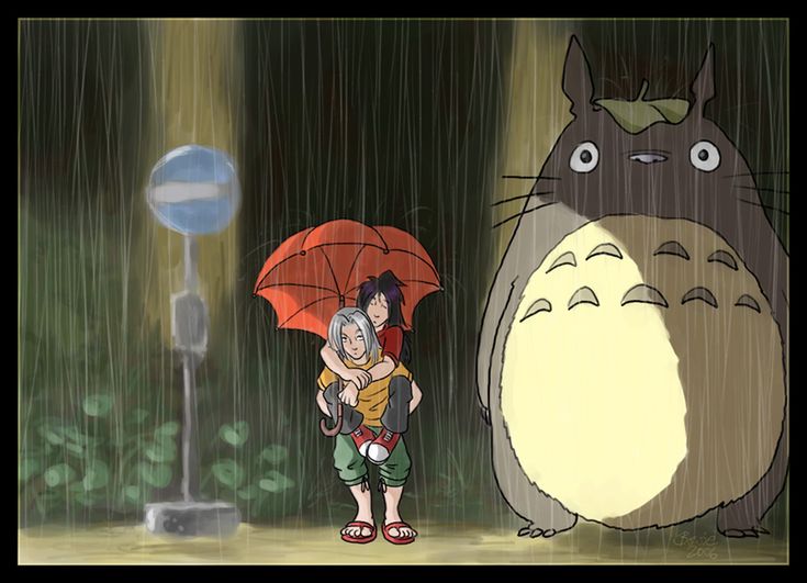 a person holding an umbrella in the rain with a cartoon character standing next to it