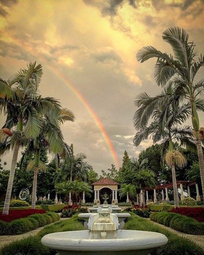 a fountain in the middle of a garden with palm trees and a rainbow in the background