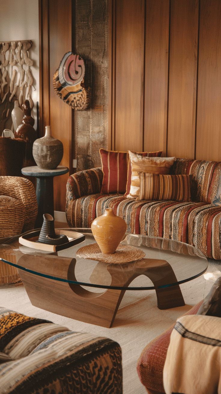 a living room filled with lots of furniture and decor on top of it's wooden walls