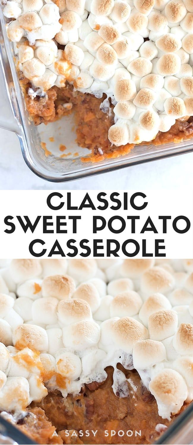 a casserole dish with marshmallows on top and the words classic sweet potato casserole above it