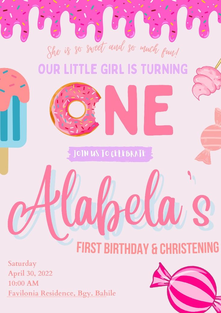 a pink birthday party card with donuts, lollipops and other sweets