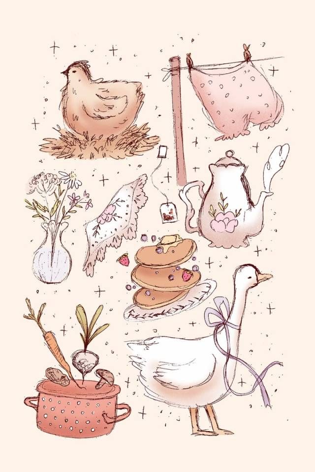 an illustration of various items that are in the shape of animals and birds on a pink background