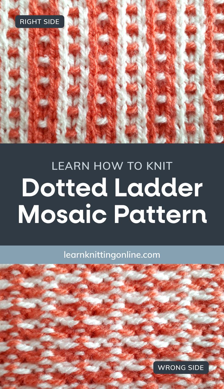 an orange and white knitted fabric with text overlay that reads learn how to knit dotted ladder mosaic pattern