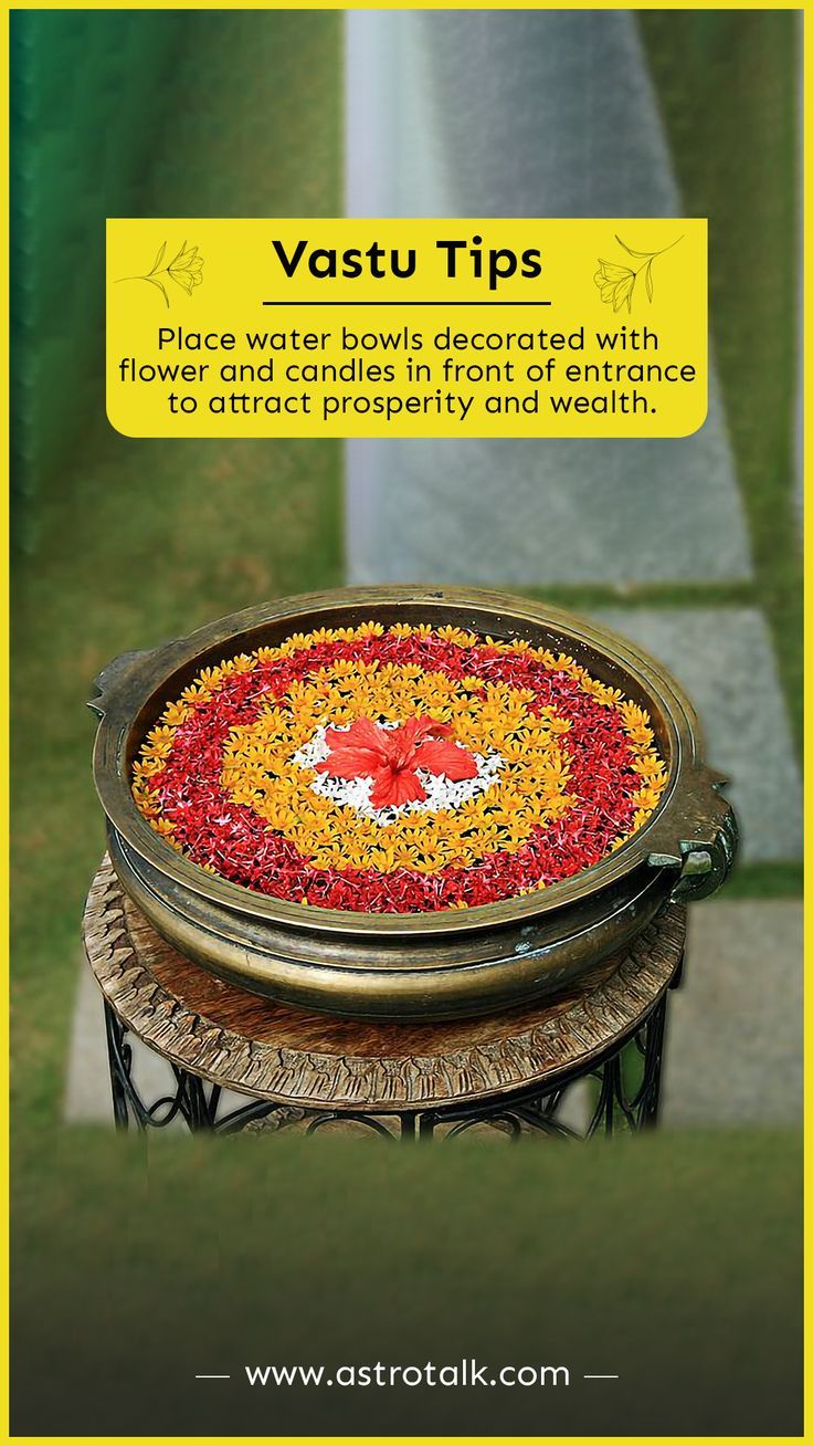 an advertisement for vastu tips with flowers and candies in front of the entrance