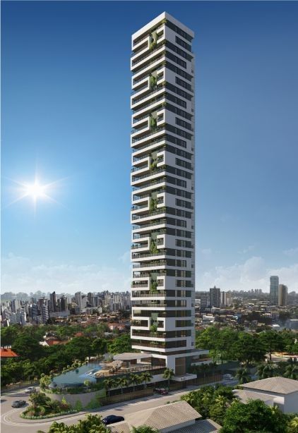 an artist's rendering of a tall building with trees growing on the top and bottom