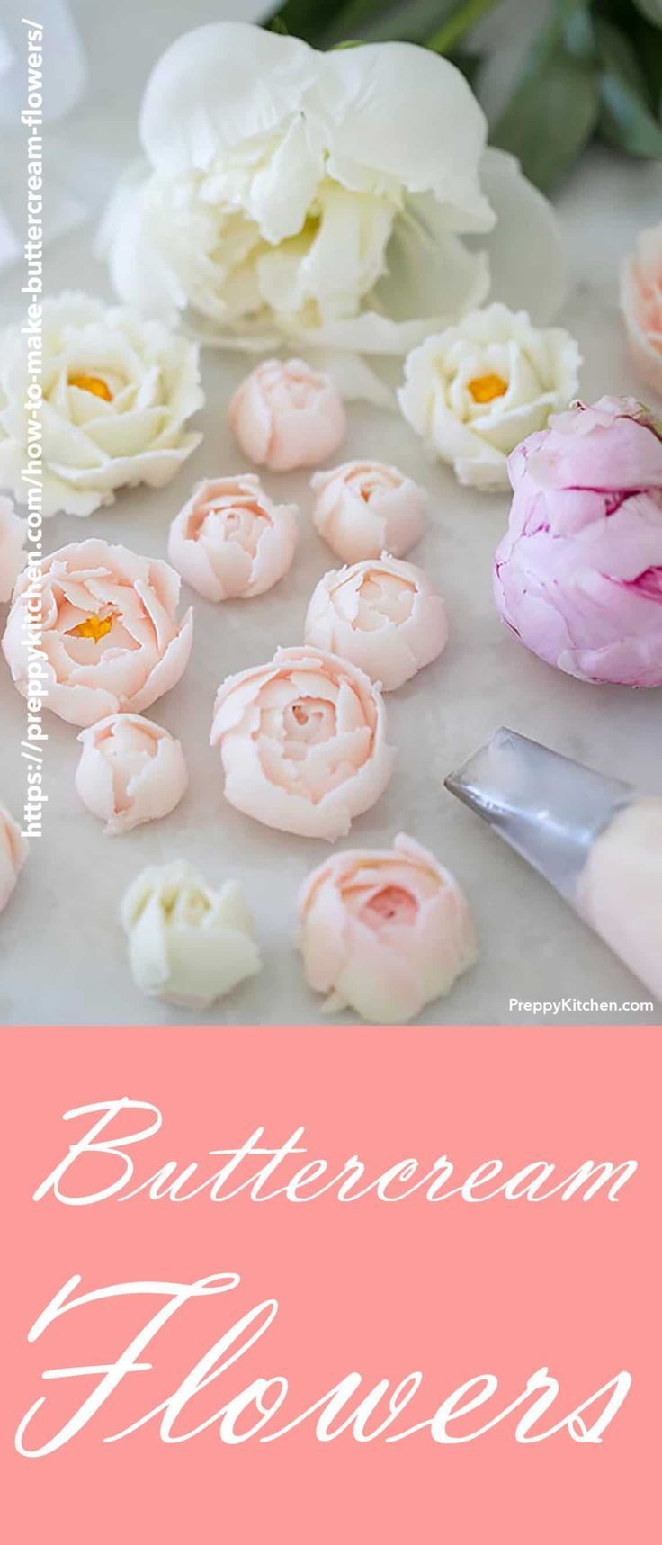 some flowers are laying on a table with a knife and pink text that says buttercream flowers