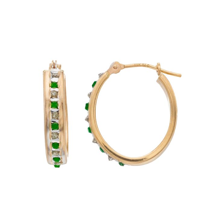 Diamond accents and emerald gemstones add the perfect sparkling touch to these remarkable Diamond Fascination 14k gold hoop earrings. Click on this JEWELRY & WATCHES GUIDE to learn about fit, styles, materials and more! Diamond accents and emerald gemstones add the perfect sparkling touch to these remarkable Diamond Fascination 14k gold hoop earrings. Click on this JEWELRY & WATCHES GUIDE to learn about fit, styles, materials and more! FEATURES Size: 14 mm x 12 mm Total weight: 1.14 grams Backin Oval Hallmarked Hoop Earrings In Fine Jewelry, Ornate Yellow Gold Emerald Hoop Jewelry, Yellow Gold Emerald Hoop Earrings Fine Jewelry, Elegant Emerald Hoop Earrings For Anniversary, Elegant Yellow Gold Emerald Hoop Earrings, Elegant Emerald Yellow Gold Hoop Earrings, Fine Jewelry Green Channel Set, Fine Jewelry With Channel Set Green Stones, Yellow Gold Emerald Hoop Earrings For May Birthstone