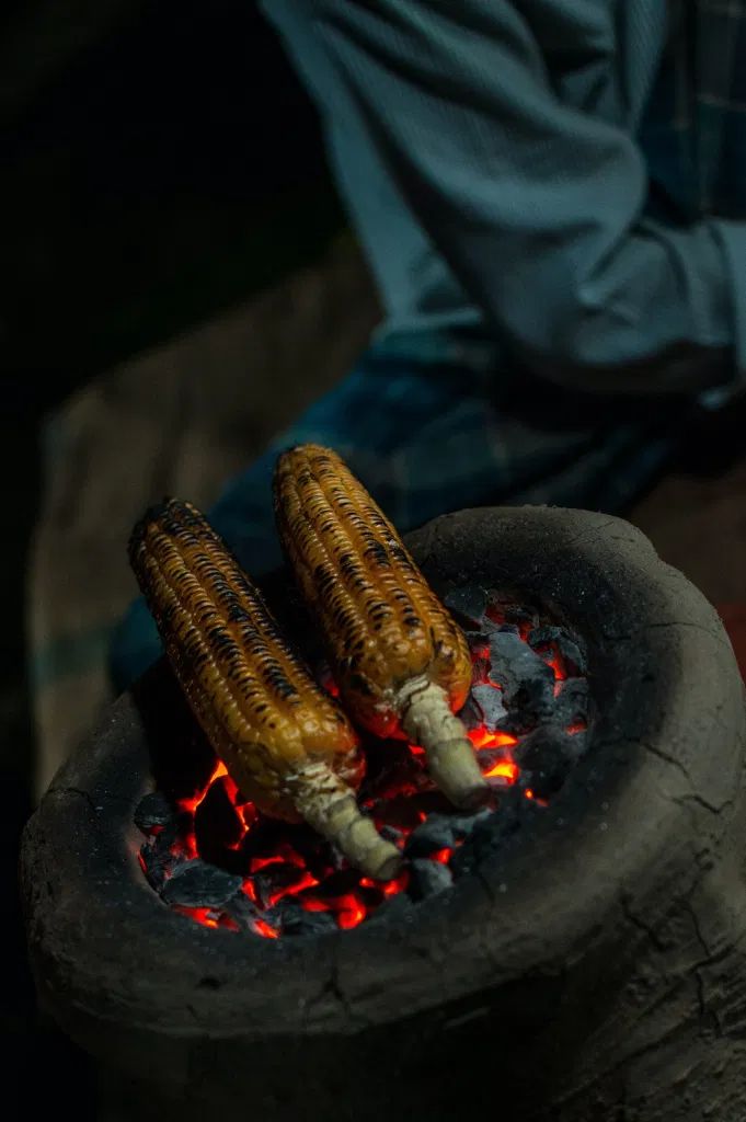 two corn on the cob being cooked over an open fire