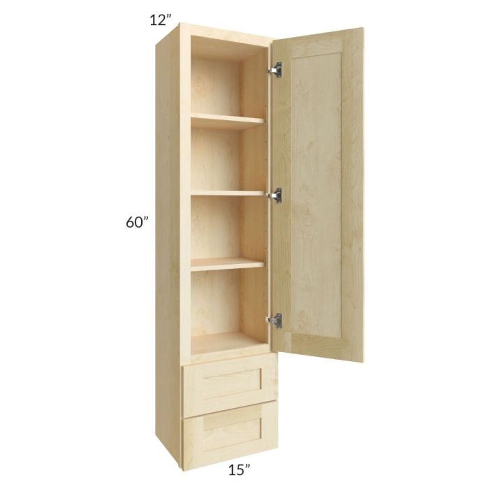 an open cabinet with its doors closed and shelves in the bottom right hand corner is shown