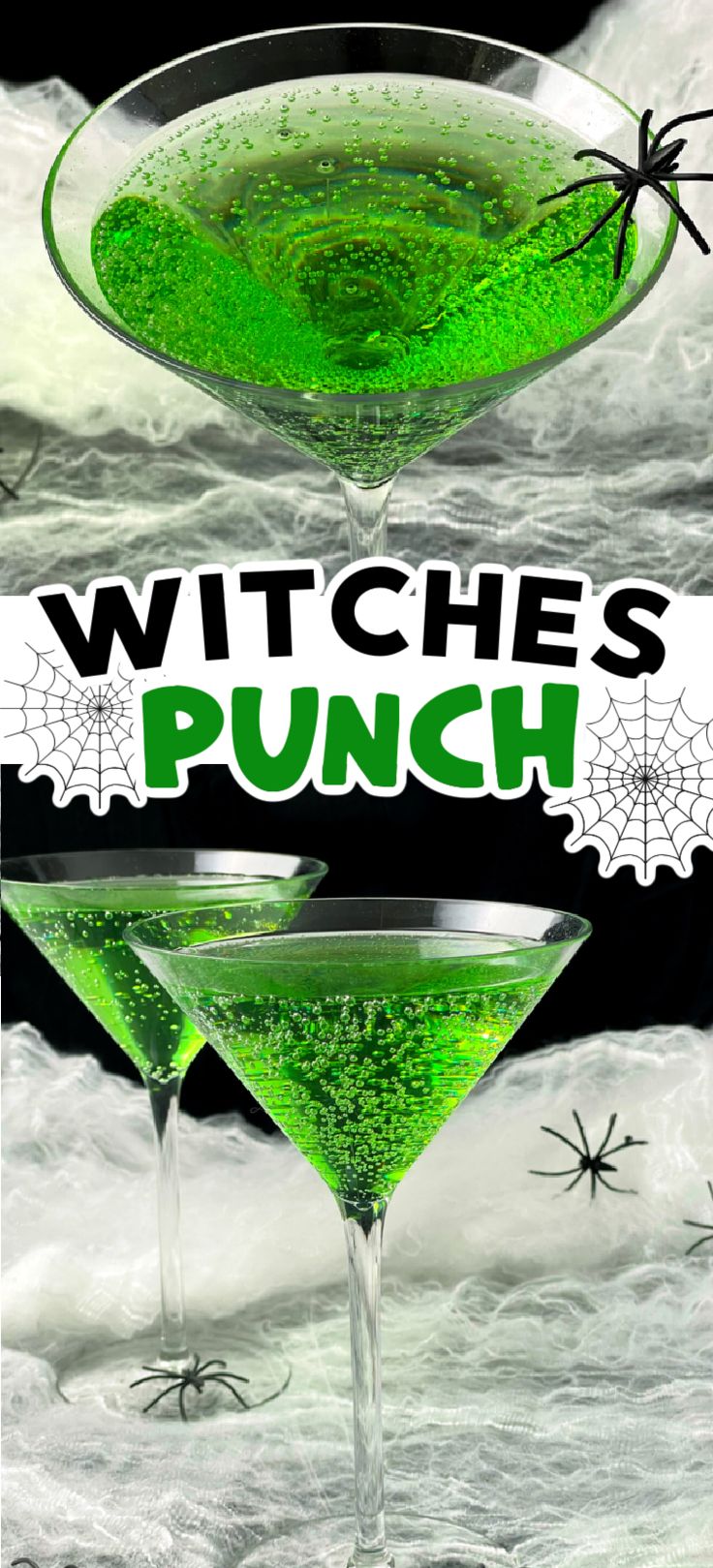 a green drink in a martini glass with the words witches punch written on top and below it