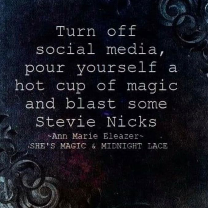 a quote that reads turn off social media, pour yourself a hot cup of magic and blast some steve nicks