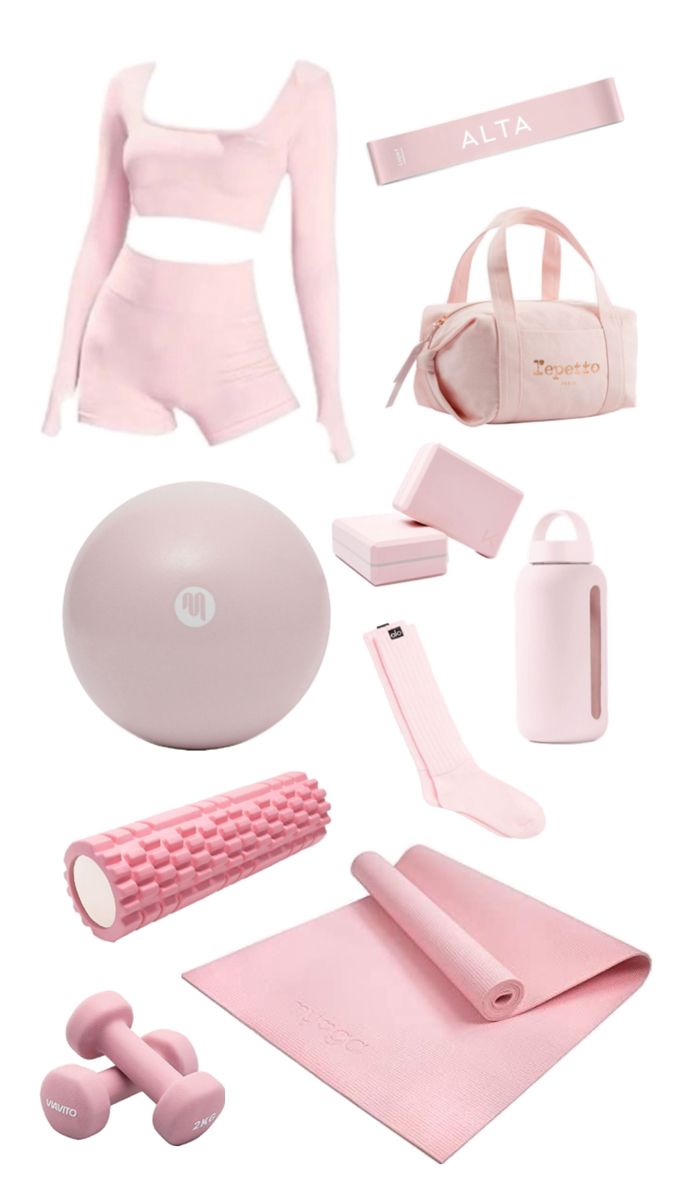 a woman's pink outfit and accessories are arranged on a white background