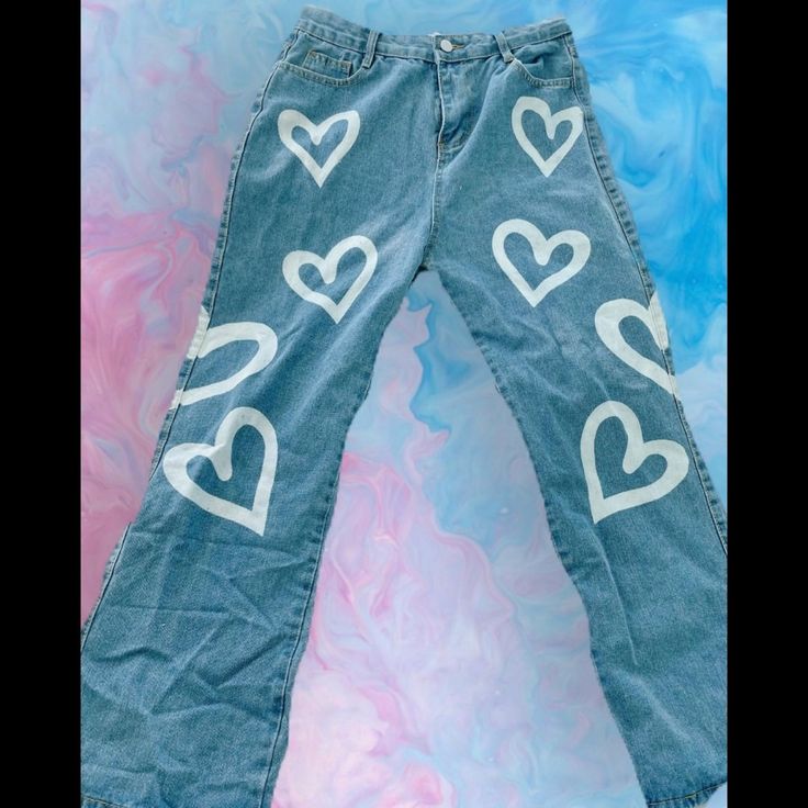 High Waisted Jeans - Never Used - Has Tags - Only Washed Them Once Run Small And Have No Stretch - Fits Small/Medium Thanks For Checking Out My Closet Hoco Pants, Homecoming Jeans, Hoco Jeans, Homecoming Pants, Senior Painted Jeans, Heart Jeans, Senior Jeans, Painted Jeans, High Waisted Jeans