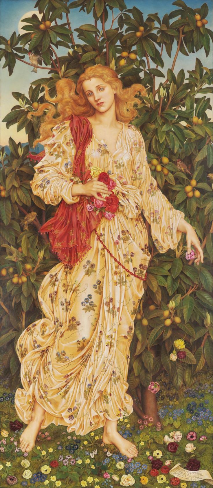 a painting of a woman in an orange dress standing next to a tree with fruit on it