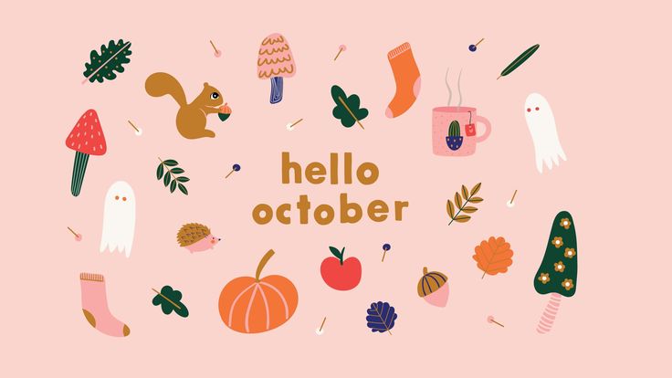 the words hello october surrounded by various autumn items