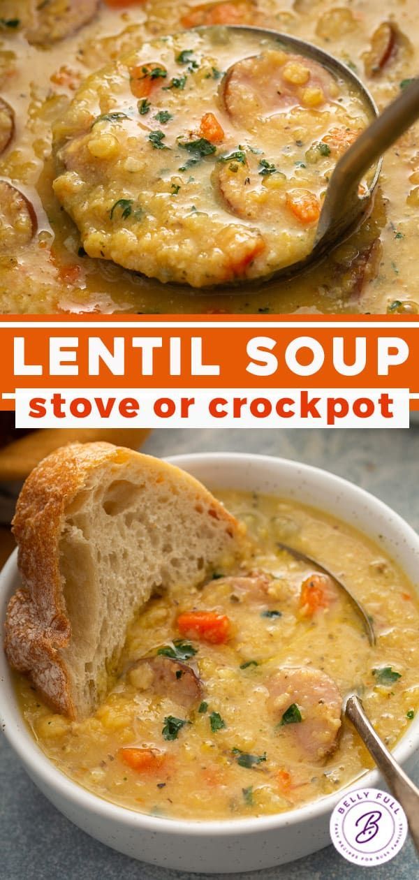 two pictures of soup in a bowl with bread on the side