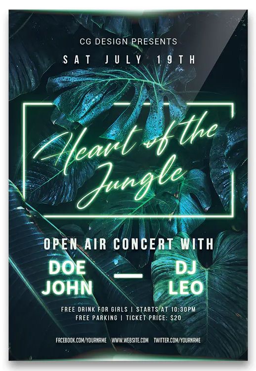 an event poster for the heart of the jungle, featuring tropical leaves and neon lights