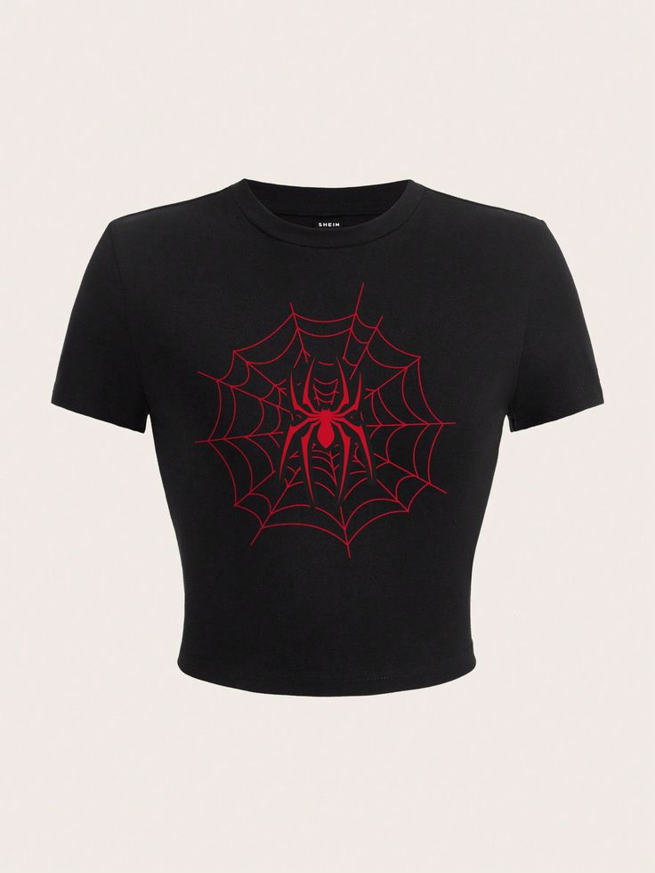 Casual Spider Print Round Neck Cropped Short Sleeve Fitted Women T-Shirt, Suitable For Summer Black Casual  Short Sleeve Fabric Graphic,Heart  Slight Stretch  Women Clothing, size features are:Bust: ,Length: ,Sleeve Length: Spider Crop Top, Cute Shirts Crop Tops, Marvel Crop Top, Shein Cute Tops, Shein Shirts, Spider Man Shirt, Spiderman T Shirt, Spiderman Outfit, Spider Shirt