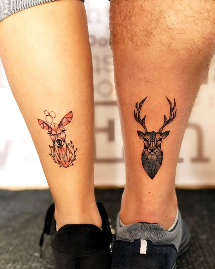 two people with tattoos on their legs, one has a deer head and the other has an owl