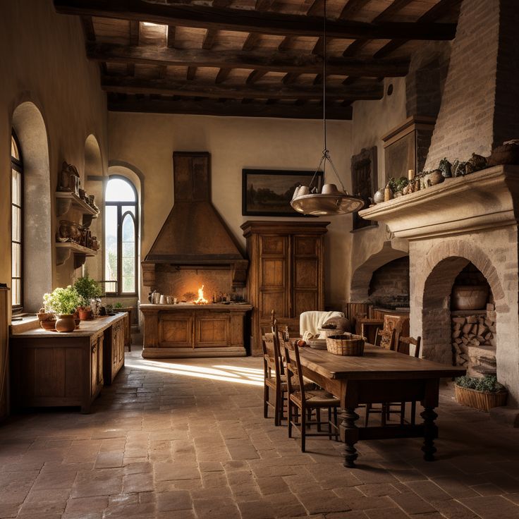 an old fashioned kitchen and dining room with stone flooring, exposed brick fireplace, arched windows, and wooden furniture