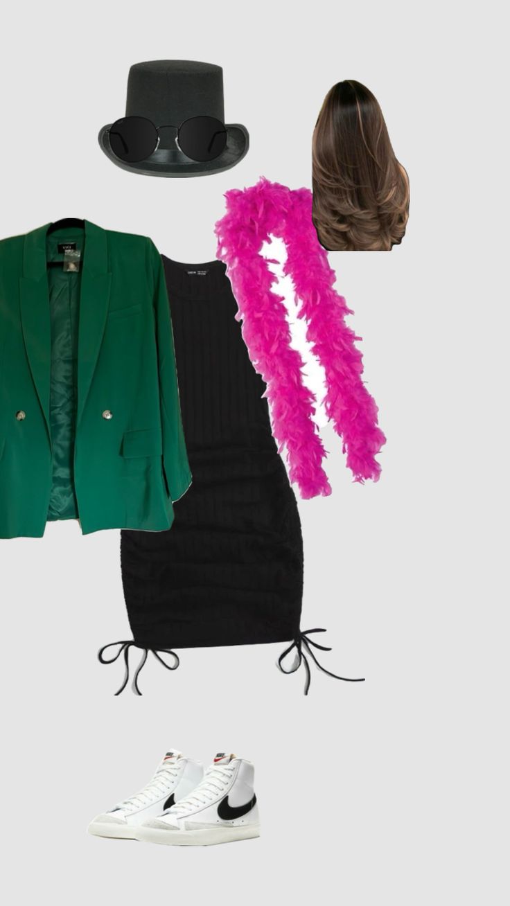 a woman's outfit and accessories including a hat, green blazer, black skirt, white sneakers