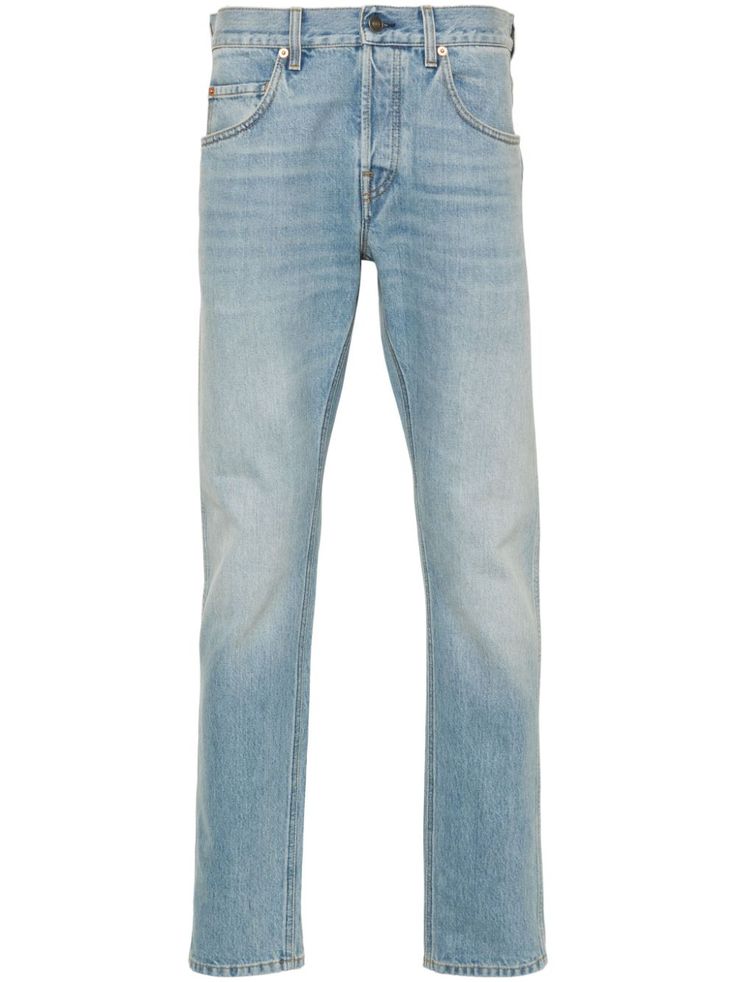 light blue cotton bleach wash denim straight leg belt loops classic five pockets logo appliqué and signature Horsebit detail to the rear button fly fastening Gucci Casual Cotton Jeans, Gucci Straight Leg Bottoms With Five Pockets, Gucci Straight Leg Jeans With Five Pockets, Blue Gucci Denim Bottoms, Casual Gucci Blue Bottoms, Gucci Blue Straight Leg Jeans, Gucci Casual Blue Jeans, Casual Blue Gucci Jeans, Classic Gucci Denim Jeans