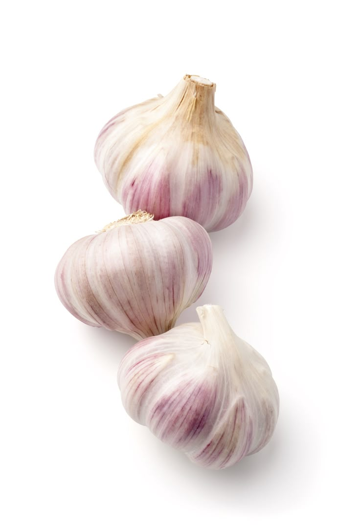 three bulbs of garlic on a white background