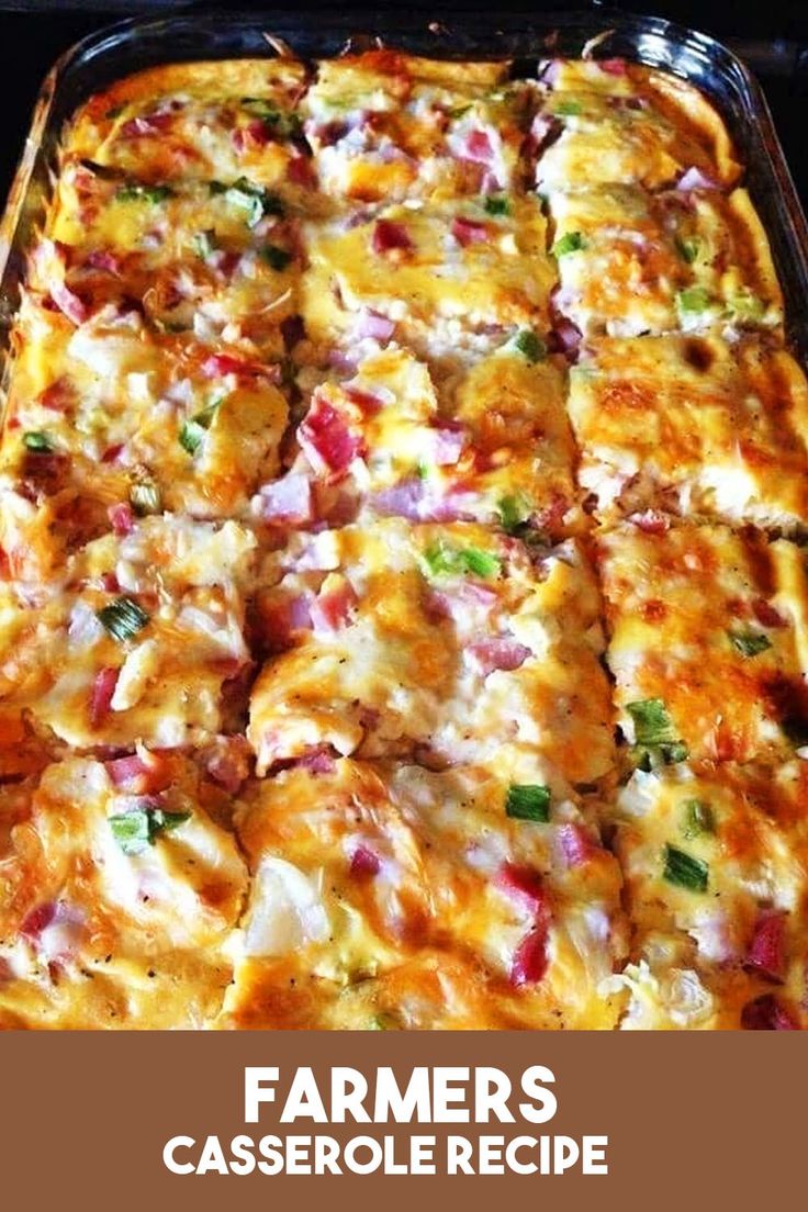 a casserole dish with meat and vegetables in it on a baking sheet that says farmer's casserole recipe