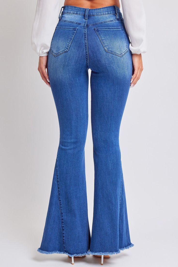 Mid-rise Distressed Medium Wash Flare Jeans, Trendy Fitted Distressed Flares, Stretch High Rise Medium Wash Flares, Fitted Distressed Flares For Spring, Distressed Fitted Flares For Spring, Fitted Flare Jeans In Medium Wash, Fitted Wide Leg Flares With Frayed Hem, Stretch Medium Wash Jeans With Flare, Trendy Mid-rise Medium Wash Flares