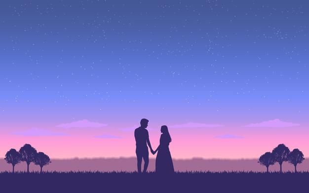 a man and woman holding hands under the night sky