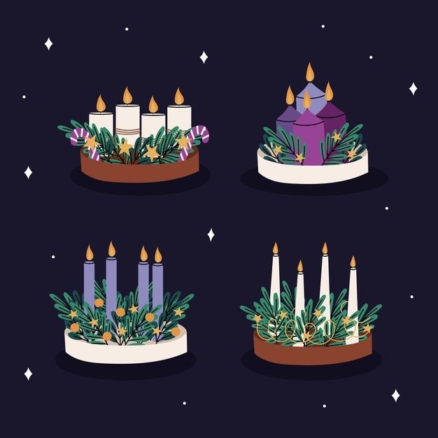 four candles with plants and flowers on them