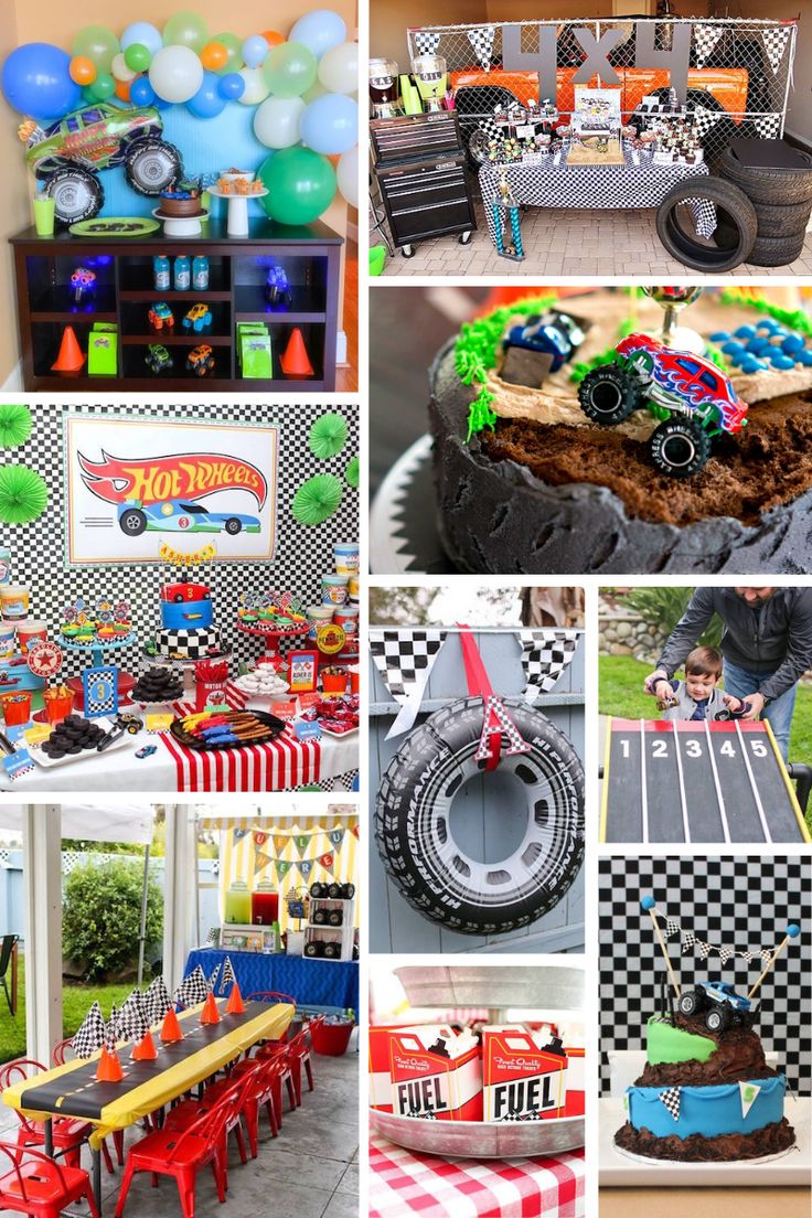 a collage of pictures with cars and trucks on them, including cake, balloons, tablecloths