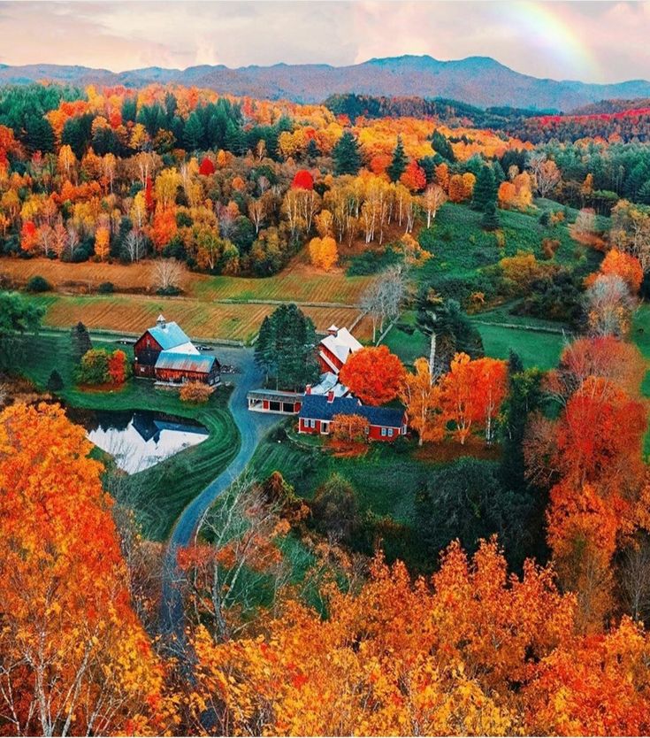 an aerial view of a farm surrounded by trees with fall foliage and a rainbow in the sky