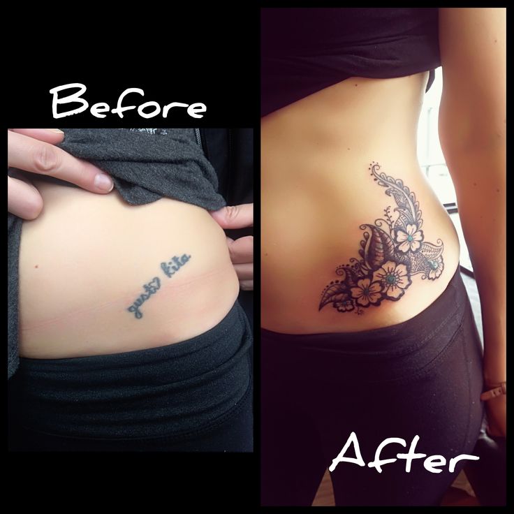 before and after photos of a woman's stomach tattoo